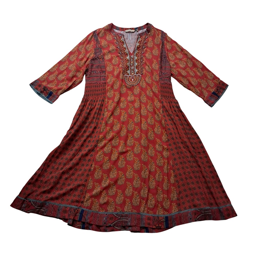 Soft Surroundings Phoenix Dress Women's 1X Red Midi Boho Embroidered Beaded‎